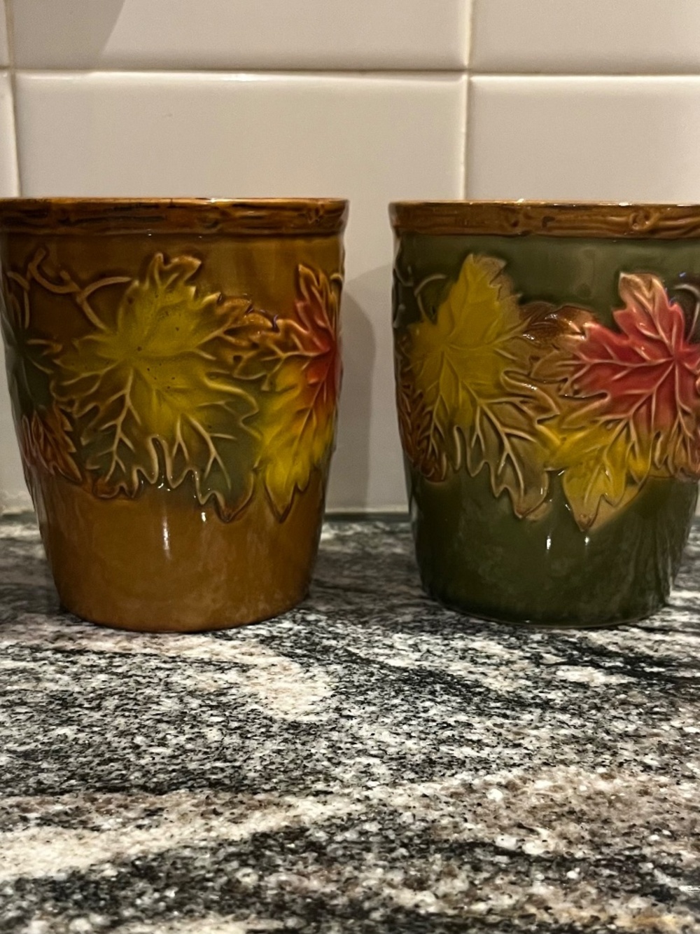 Pier 1 Imports Fall Autumn Leaf Stoneware Coffee Mugs Embossed Oak Set